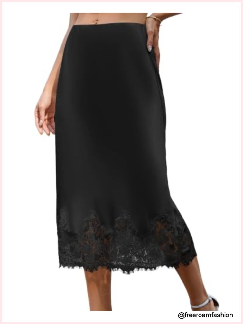 Satin Midi Skirt with Lace Trim | A-Line High Waist Skirt